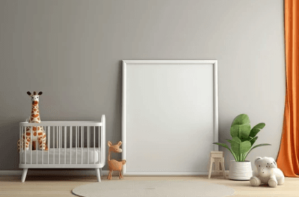 empty nursery with cradle and stuffed animals